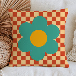 Tealgroene madelief op bruin geruit patroon RETRO Kussen