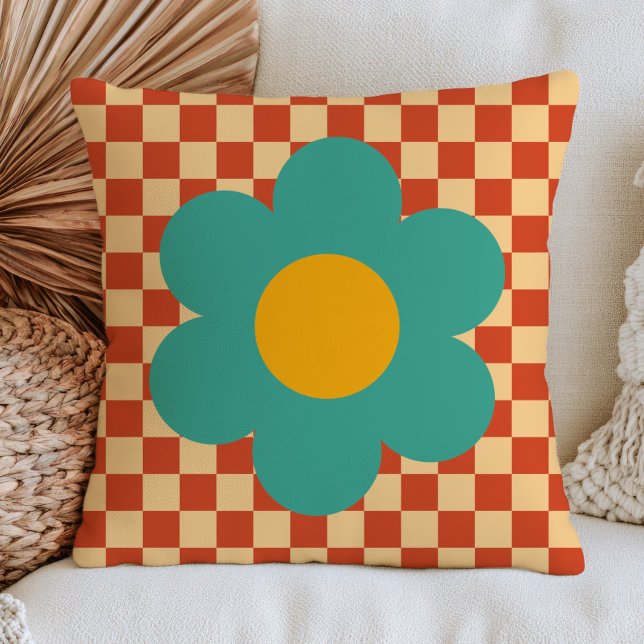 Tealgroene madelief op bruin geruit patroon RETRO Kussen (Creator heeft geüpload)