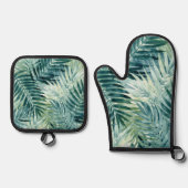 Tealgroene palmbladeren ovenwant & pannenlap set (Voorkant)