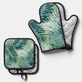 Tealgroene palmbladeren ovenwant & pannenlap set (Voorkant / Achterkant)