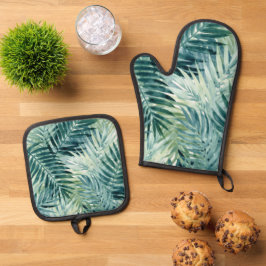 Tealgroene palmbladeren ovenwant & pannenlap set