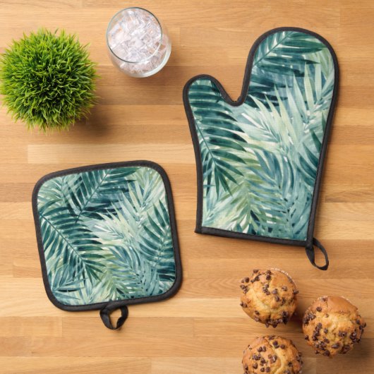 Tealgroene palmbladeren ovenwant & pannenlap set (Top down)