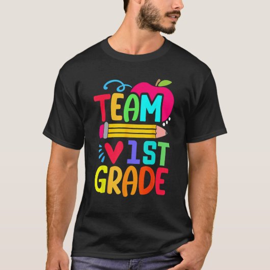 Team 1e klas potlood terug naar school leraar stud t-shirt (Voorkant)