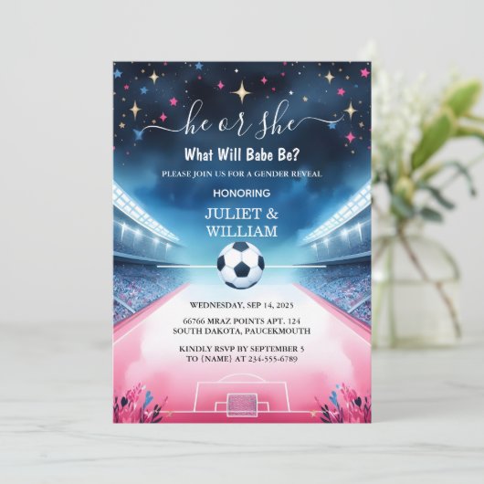 Team Ball Pitch Fun Soccer Field Gender Reveal Kaart (Staand voorkant)