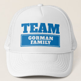 Team blauw gepersonaliseerde teamnaam of familiena trucker pet