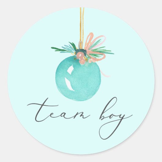 Team Boy Kerst Ornament Script Geslacht onthullen Ronde Sticker (Voorkant)