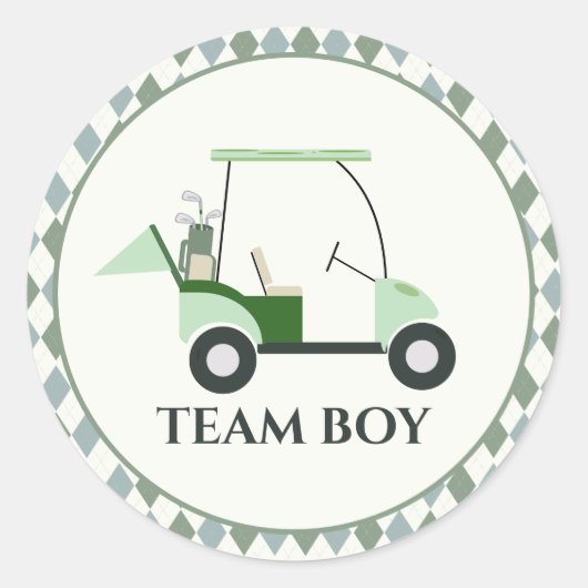 Team Boy Modern Golf Baby Gender Reveal Par-t-shir Ronde Sticker (Voorkant)