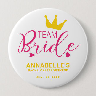 Team Bride Button. Kroon, Cupid Arrow, Heart Ronde Button 4,0 Cm