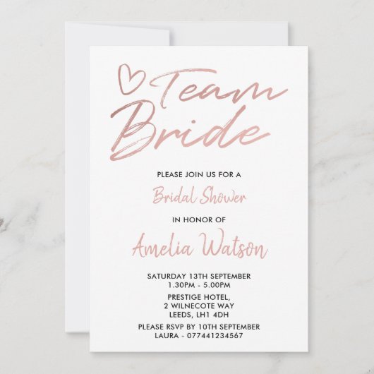 Team Bride Faux rosegold vrijgezellenfeest nodigt  Kaart (Voorkant)