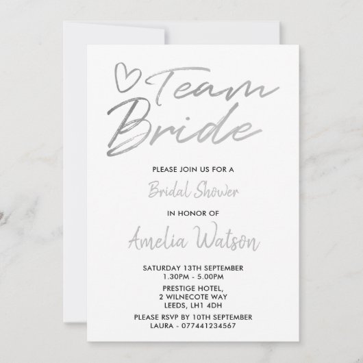 Team Bride Faux Silver vrijgezellenfeest nodigt ui Kaart (Voorkant)