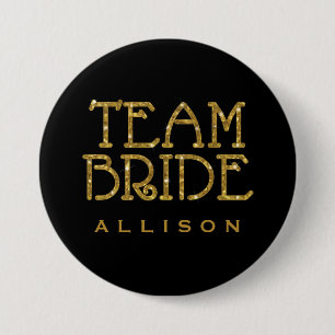 Team Bride Gold Faux Glitter Name Tag Ronde Button 7,6 Cm