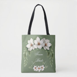 Team Bride Magnolia Winter Wedding Pine Tree Tote Bag