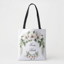 Team Bride Magnolia Winter Wedding Pine Tree Tote Bag