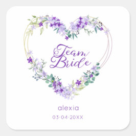 Team Bride Quote & Floral Purple Heart for Wedding Vierkante Sticker