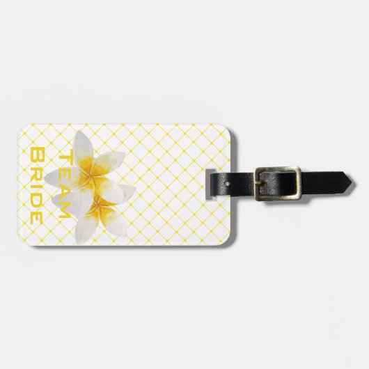 Team Bride | Tropische bloem en gele Trellis Bagagelabel (Voorkant horizontaal)