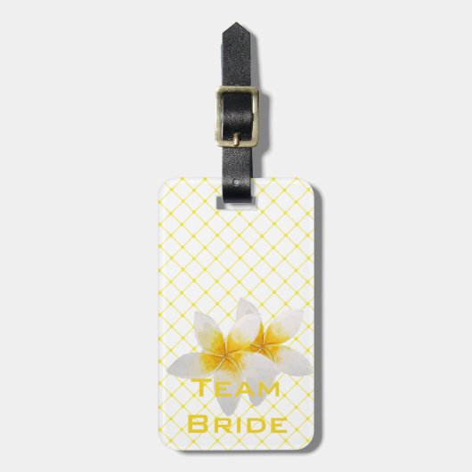 Team Bride | Tropische bloem en gele Trellis Bagagelabel (Voorkant verticaal)