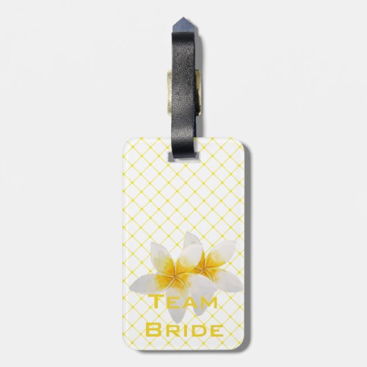 Team Bride | Tropische bloem en gele Trellis Bagagelabel (Achterkant verticaal)