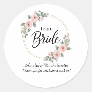 Team Bruid Bruidsmeisjes Roze Bloemen Goud Ronde Sticker