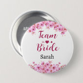 Team bruid met aangepaste naam roze bloem ronde button 7,6 cm (Voorkant /achterkant)