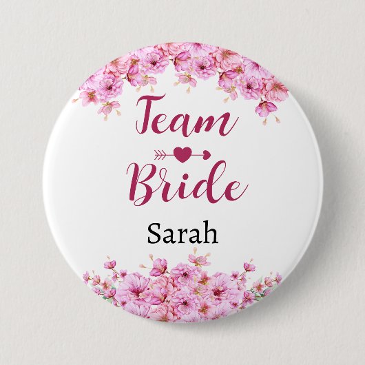 Team bruid met aangepaste naam roze bloem ronde button 7,6 cm (Voorkant)