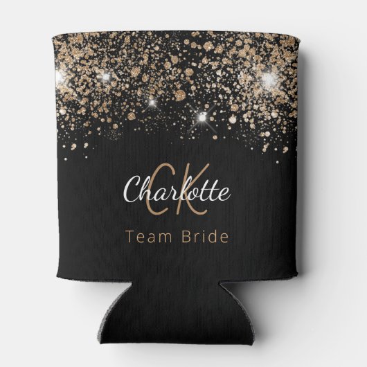 Team Bruid zwart goud glinsterend monogram naam Blikjeskoeler (Achterkant)