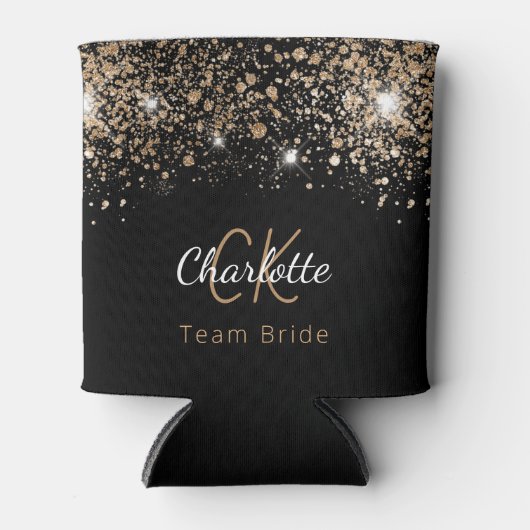 Team Bruid zwart goud glitter monogram naam Blikjeskoeler (Voorkant)
