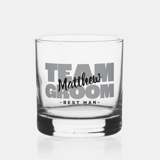 Team bruidegom Beste Man Trouwnaam Zwart Grijs Gif Whisky Glas (Voorkant)