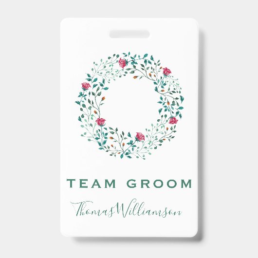 Team bruidegom rustieke bloemen & groen krans brui badge (Voorzijde)