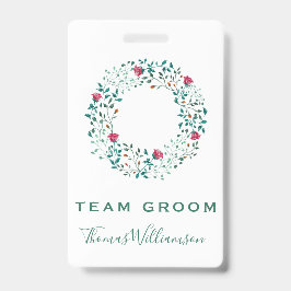 Team bruidegom rustieke bloemen & groen krans brui badge
