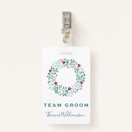 Team bruidegom rustieke bloemen & groen krans brui badge