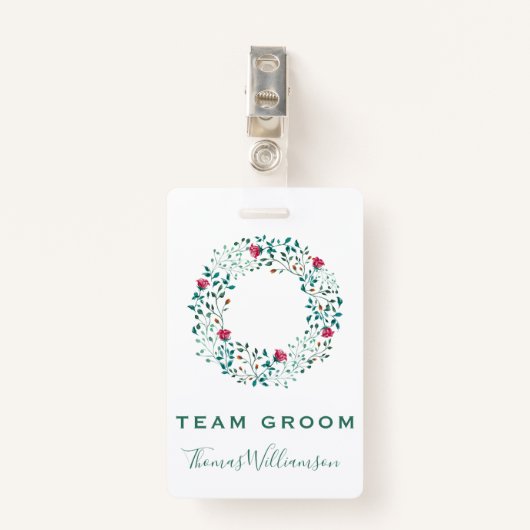 Team bruidegom rustieke bloemen & groen krans brui badge (Voorkant met clip)