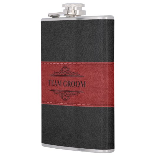 Team bruidegom zwart & rood leer 2 heupfles (Links)