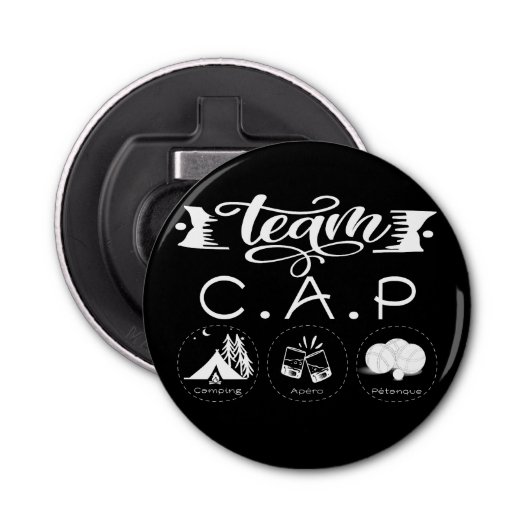 Team C.A.P Camping Apero Pétanque Button Flesopener (Voorkant)