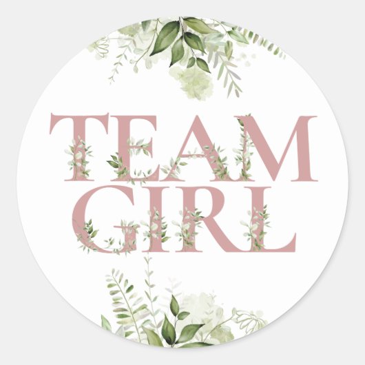 Team Girl Greenery Bloemen Geslacht Onthullen Stem Ronde Sticker (Voorkant)