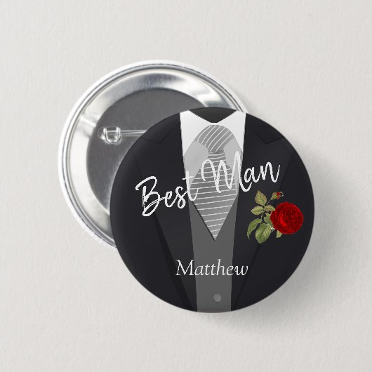 Team Groom Tuxedo Suit - Red Rose Ronde Button 5,7 Cm (Voorkant /achterkant)
