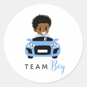 Team Jongen Baby in Blauwe Auto Geslacht Onthullin Ronde Sticker