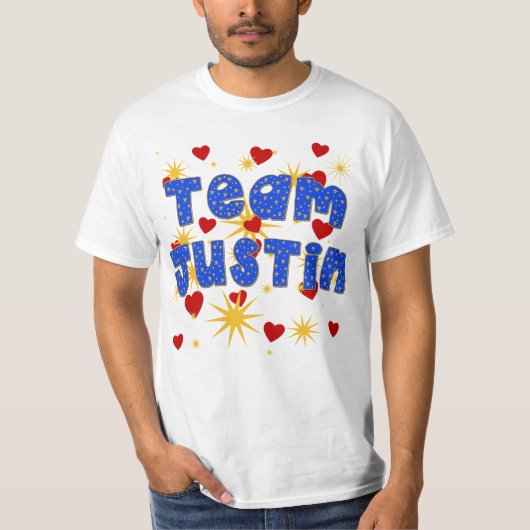 TEAM JUSTIN! T-shirts voor kinderen en volwassenen (Voorkant)