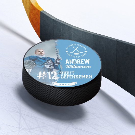 Team Logo Hockey Speler Naam Jersey Nummer & Foto Hockey Puck