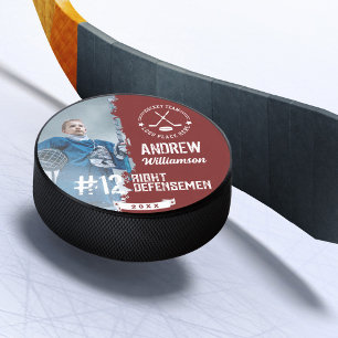 Team Logo Hockey Speler Naam Jersey Nummer & Foto Puck