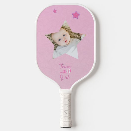 Team Meisje met foto rammelaar Gender Reveal Pickleball Paddle (Voorkant)