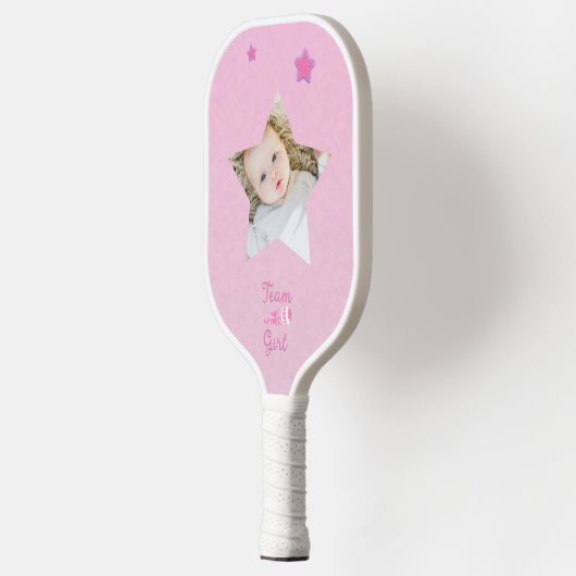 Team Meisje met foto rammelaar Gender Reveal Pickleball Paddle (Links)