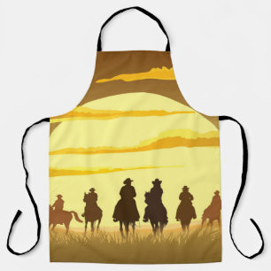 Team of cowboys silhouette galloping against a sun schort