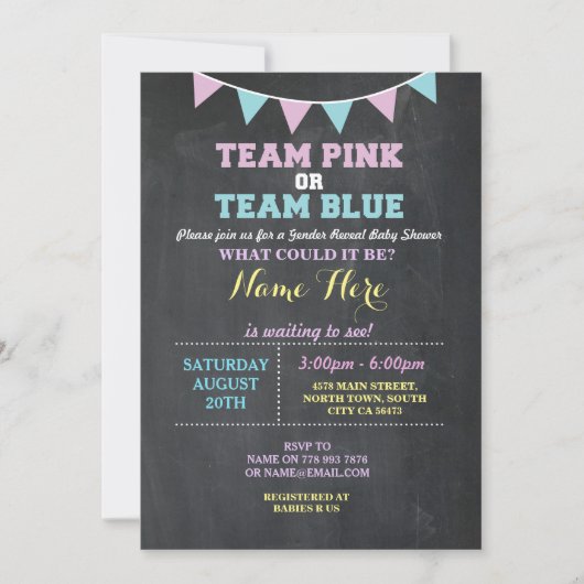 Team Pink of Blue Gender Reveal Baby shower uitnod Kaart (Voorkant)