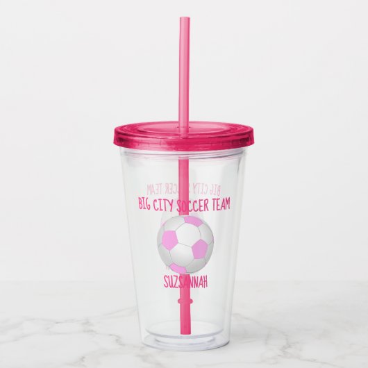 Team & Speler Naam Girly Roze Wit Voetbal Acryl Drinkbeker (Voorkant)