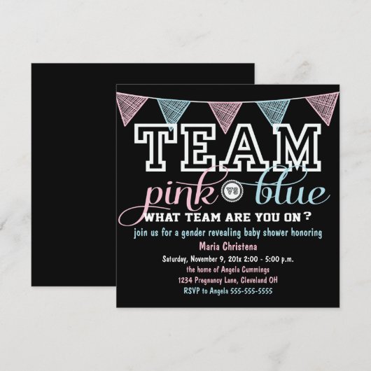 Team Spirit Gender Reveal Baby shower Invitation Kaart (Voorkant / Achterkant)