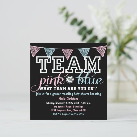 Team Spirit Gender Reveal Baby shower Invitation Kaart (Staand voorkant)