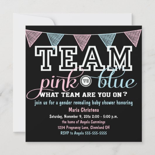 Team Spirit Gender Reveal Baby shower Invitation Kaart (Voorkant)