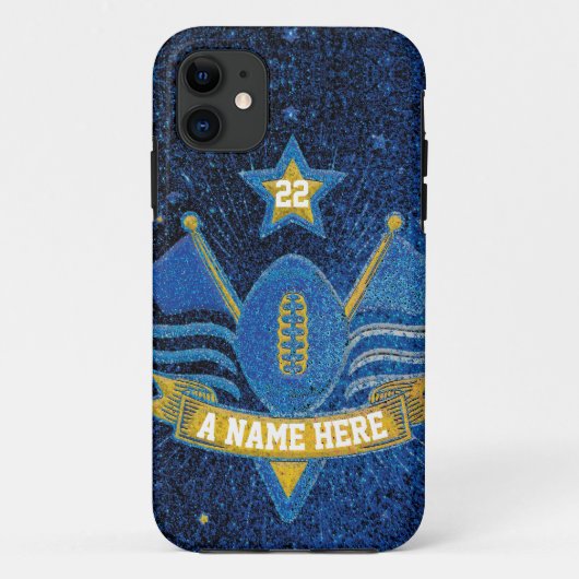 Team Sportblauw & Gold Glitter College Football Case-Mate iPhone Case (Achterkant)