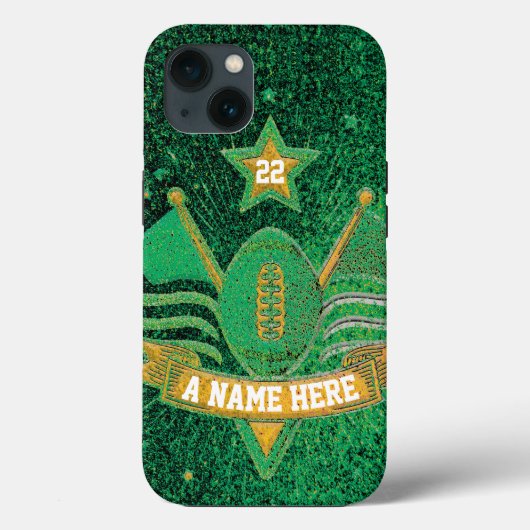 Team Sports Green & Gold Glitter College Football Case-Mate iPhone Case (Achterkant)