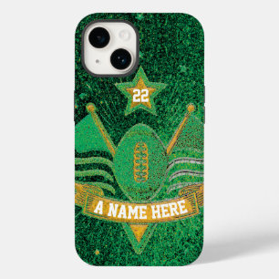 Team Sports Green & Gold Glitter College Football Case-Mate iPhone 14 Hoesje